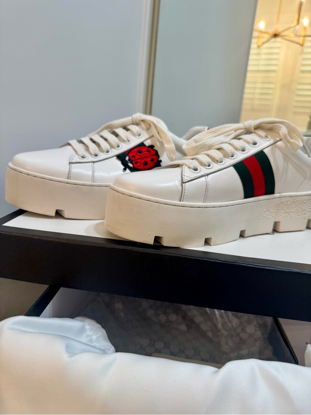 🐞Gucci White Leather Ace Pineapple & Ladybug Platform Sneakers Full Set🍍